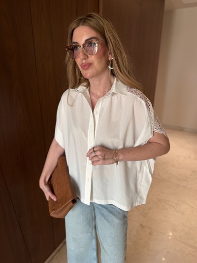 Orijinal Model , Kolu Büzgülü , Dantel Detaylı Poplin Gömlek