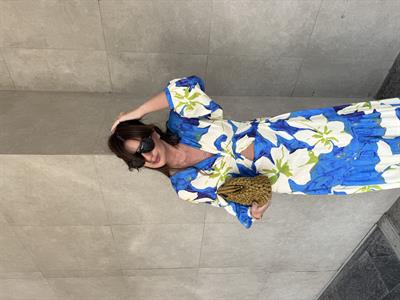 Beli Lastikli , Mavi Çiçek Desenli , Kasımpatı Elbise