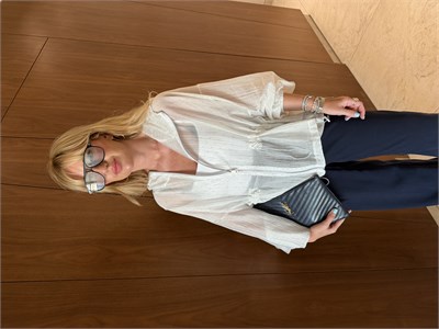 Beyaz, Taşlı Belden Büzgülü Premium Tencel Ceket