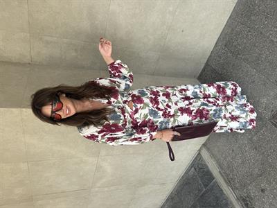 Beli Lastikli , Bordo Çiçek Desenli , Elbise