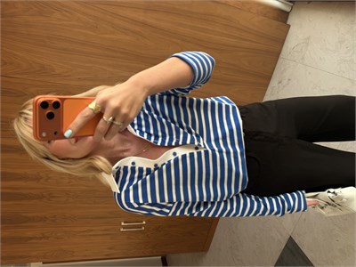 Polo Yaka Önden Düğmeli Mavi Çizgili Tiril Bluz