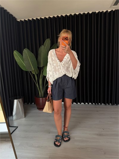 Beli Lastikli , Lacivert Tiril Jean Şort