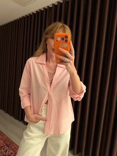 Tüle Taş İşlemeli , Pembe Poplin Gömlek