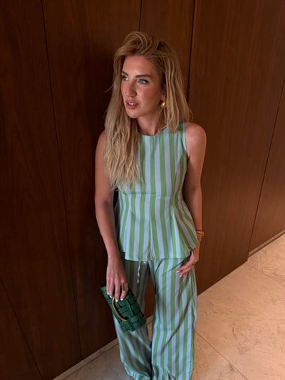 Yeşil & Mavi Çizgili , Bluz & Pantolon Takım