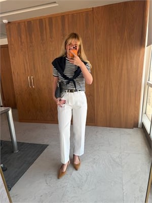 Kemerli, Beyaz, Likralı Baggy Jean Pantolon