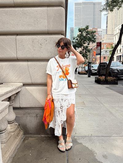 Orange Desenli , %100 Cotton , Ekru T-shirt