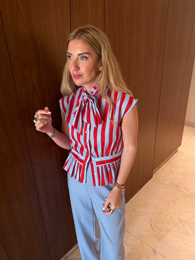 Orijinal Model , Kırmızı & Mavi Çizgili , Fularlı Gömlek