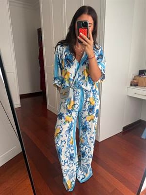 Limon & Mavili Desenli Özel Kumaş Gömlek Palazzo Takım