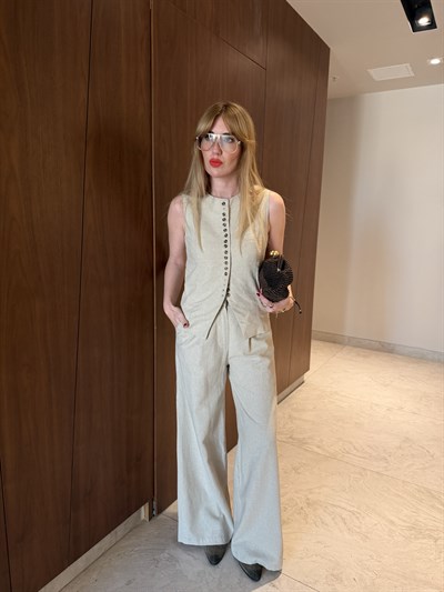 Orijinal Model , Sık Düğmeli , Bej , Premium Keten Takım