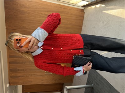 Gold Düğmeli , Çizgili Gömlek Yakalı , Kırmızı Triko
