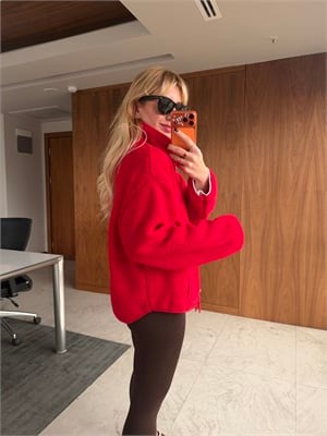 Önden Fermuarlı , Dik Yaka , Kırmızı Teddy Mont