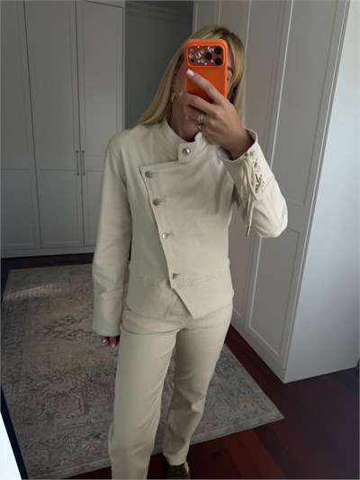 Arka Beli İpli , Asimetrik Kesim , Bej , Ceket & Pantolon Jean Takım