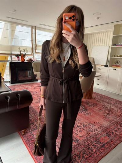 Belden Kuşaklı , Fermuarlı , Likralı Acıkahve Takım