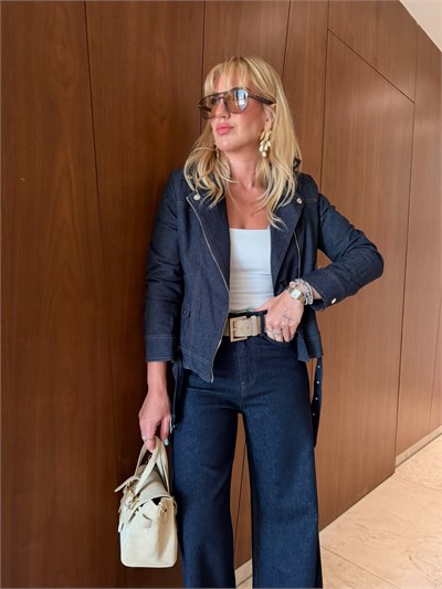 İçi Ekoseli , Premium Kalite , Lacivert , Biker Jean Ceket