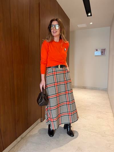 Gold Deri Kemerli , Turuncu & Acıkahve Ekoseli , Premium Çan Etek