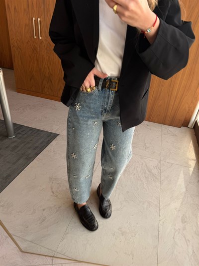 Çiçek Taş İşlemeli , Mom Jean Pantolon