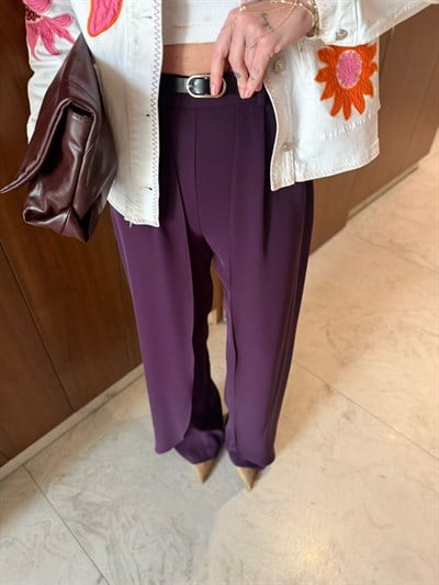 Kemerli , Pelerin Detaylı , Mürdüm , Krep Kumaş , Tiril Palazzo