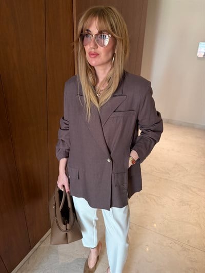 %100 Keten , Acıkahve Blazer Ceket