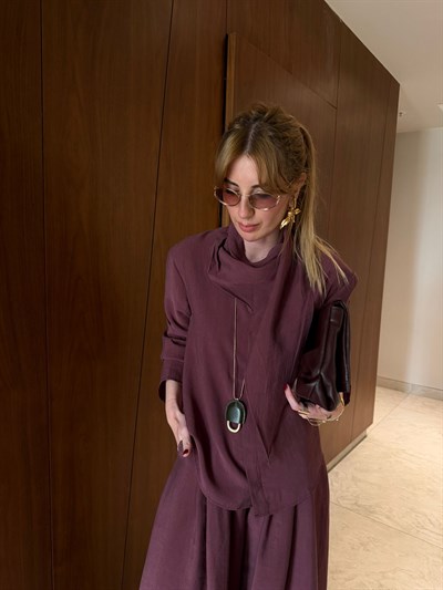 Mürdüm, Orijinal Model Fular Yakalı Gömlek & Pantalon Premium Tencel Takım