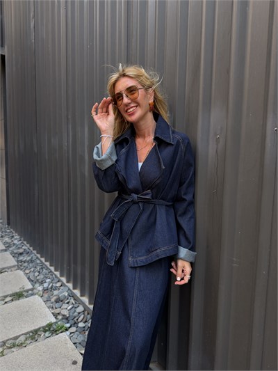 Kuşaklı Ceket & Etek , Premium Jean Takım