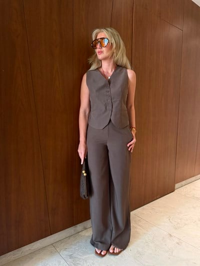 Arkası Güpürlü Yelek & Pantolon , Kahverengi Tencel Takım