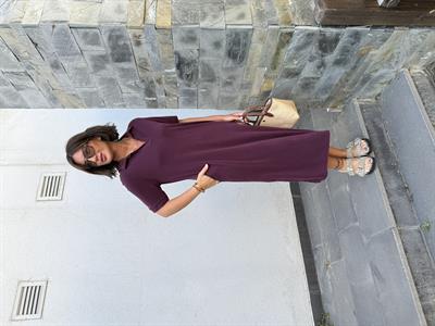 Polo Yaka Modal Patlıcan Moru Elbise