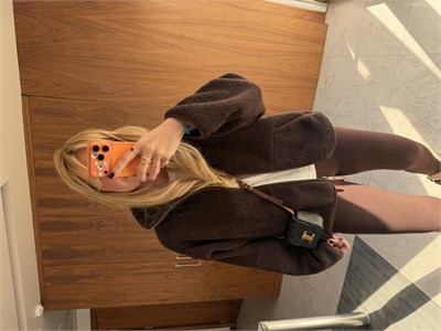 Önden Fermuarlı Dik Yaka Acıkahve Teddy Mont