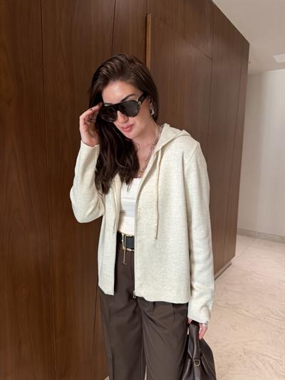 Taş , Kapüşonlu , Fermuarlı Triko Sweatshirt