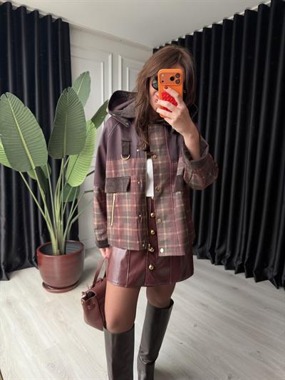 Orijinal Model , Kadife Detaylı , Mürdüm Ekoseli , Tasarım Trençkot