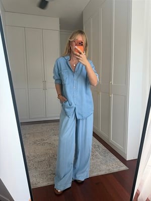 %100 Cotton , Tencel , Gömlek & Beli Lastikli Pantolon , Buz Mavisi Premium Takım