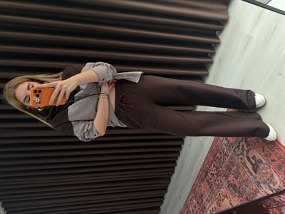 Çizgili Poplin Detaylı , Acıkahve Sweatshirt Takım
