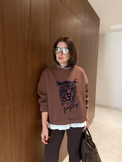 T-shirt Detaylı , Leopar Desenli , Acı Kahve Sweatshirt