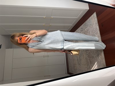 Orijinal Model , V Yaka , Premium , Buz Mavisi Tencel Jean Takım