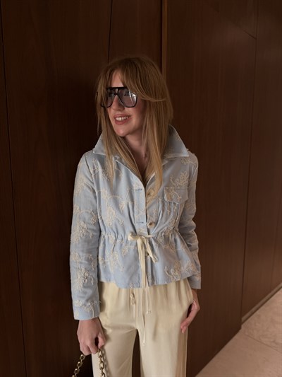 Nakışlı , Bebe Mavisi , Keten Bomber Ceket