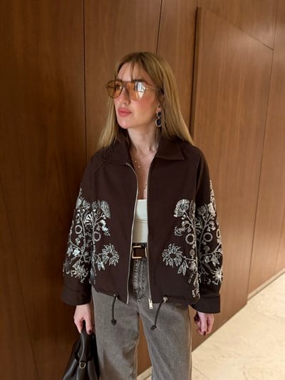 Pul & Taş İşlemeli , Acıkahve , Premium Gabardin Ceket