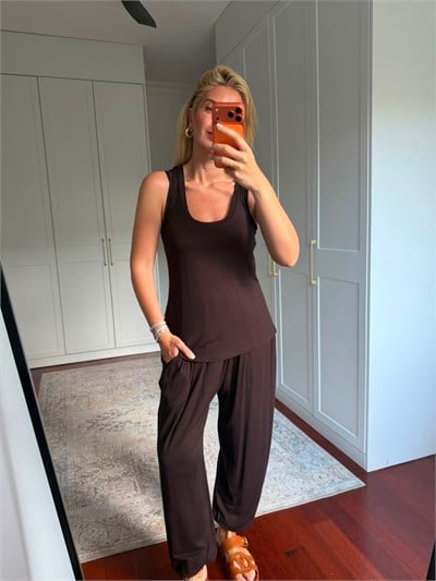 Beli & Paçası Lastikli , Likralı , Acıkahve Modal Takım