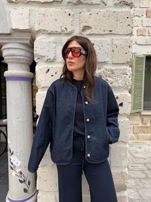 Lacivert , Bomber Jean Ceket