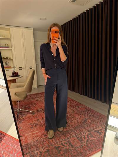 Lacivert Premium Tok Tencel Kumaş, Paçası Düğme Detaylı Pantalon 