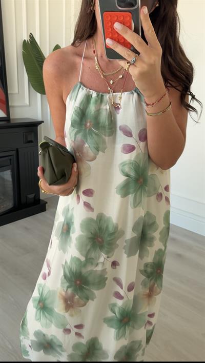 Mint Yeşili Pastel Çiçek Desenli , İnce İp Askılı , Premium Elbise