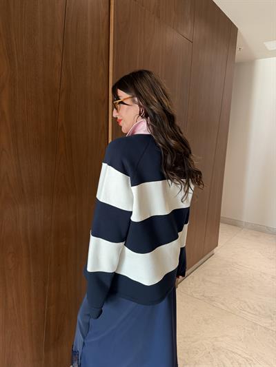 Lacivert Beyaz Çizgili , Polo Yaka Sweatshirt