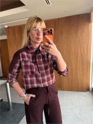 Orijinal Model, Bordo Ekoseli, Taş Detaylı Premium Gömlek & Pantalon Takım