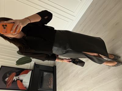 Yırtmaçlı , Siyah , Deri Kalem Etek