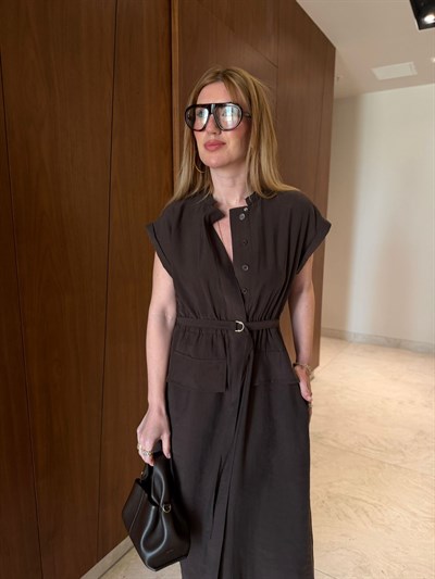 Orijinal Model , Kuşaklı & Cepli , Acıkahve Tencel Elbise