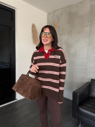 Kırmızı Polo Yaka , Çizgili , Acı Kahve Triko