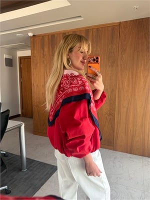 Saten Fularlı, Kırmızı Premium Bomber Trenç