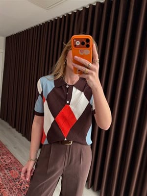 Acıkahve & Oranj Baklava Desenli , Polo Yaka Merserize