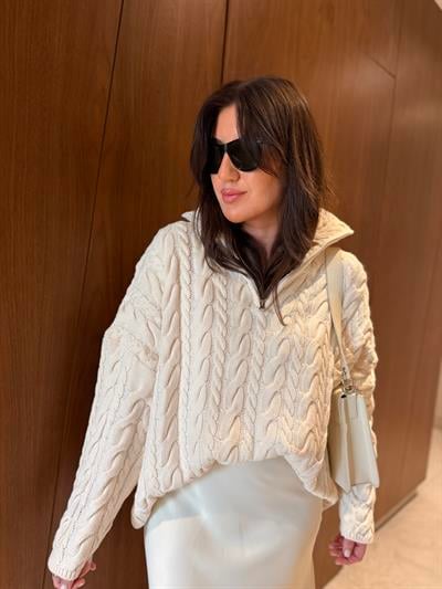 Yarım Fermuarlı , Saç Örgülü , Dik Yaka Ekru Triko