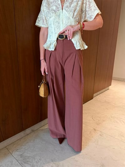 Deri Kemerli , %100 Cotton , Kiremit Palazzo Pantolon