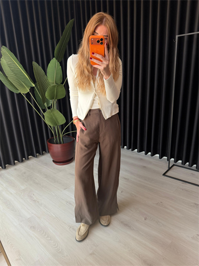 Acıkahve Premium Tok Tencel Kumaş, Paçası Düğme Detaylı Pantalon 