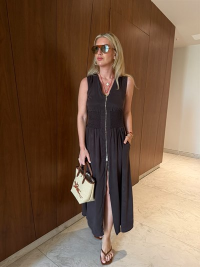 Orijinal Model , Gipeli , Çift Fermuarlı , Tencel Acıkahve Elbise